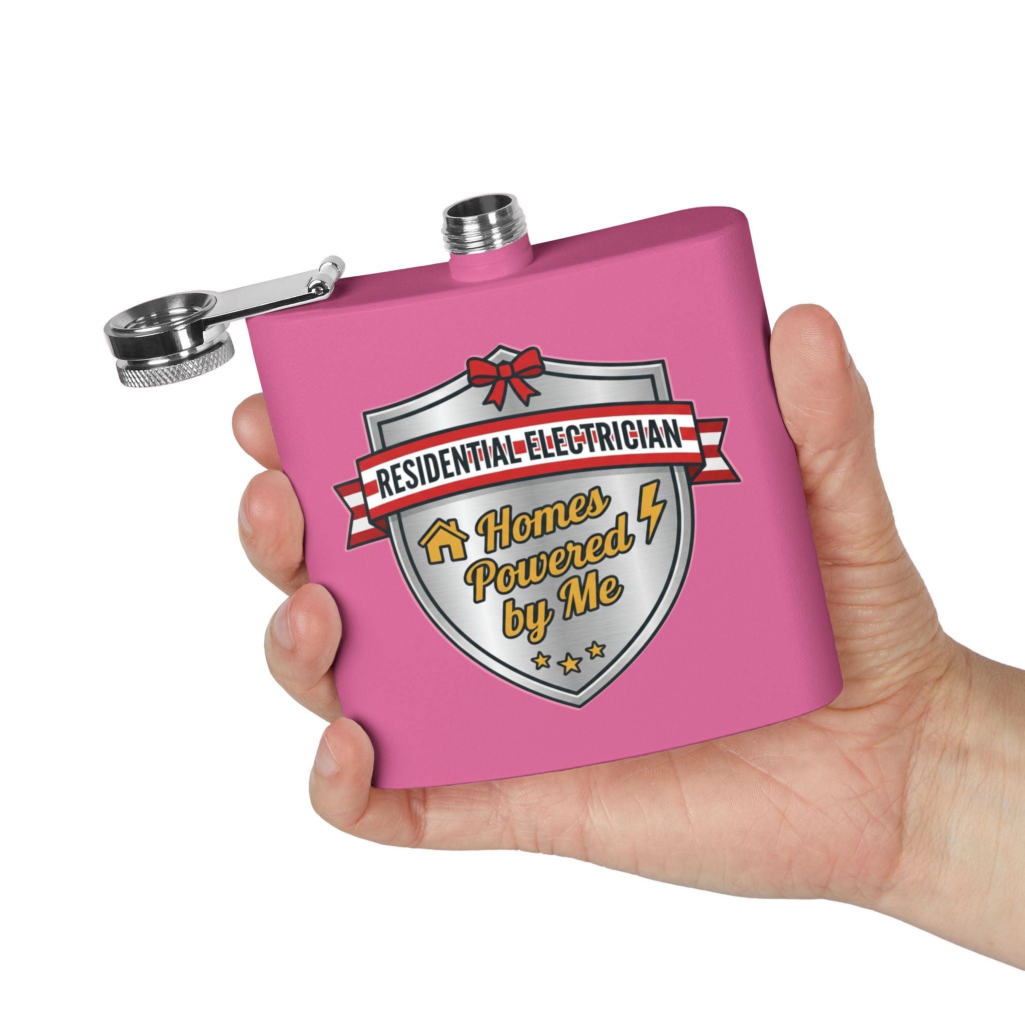 Flask — "Residential Electrician: Homes Powered by Me" (Shield Badge) 6oz Stainless Steel Hip Flask