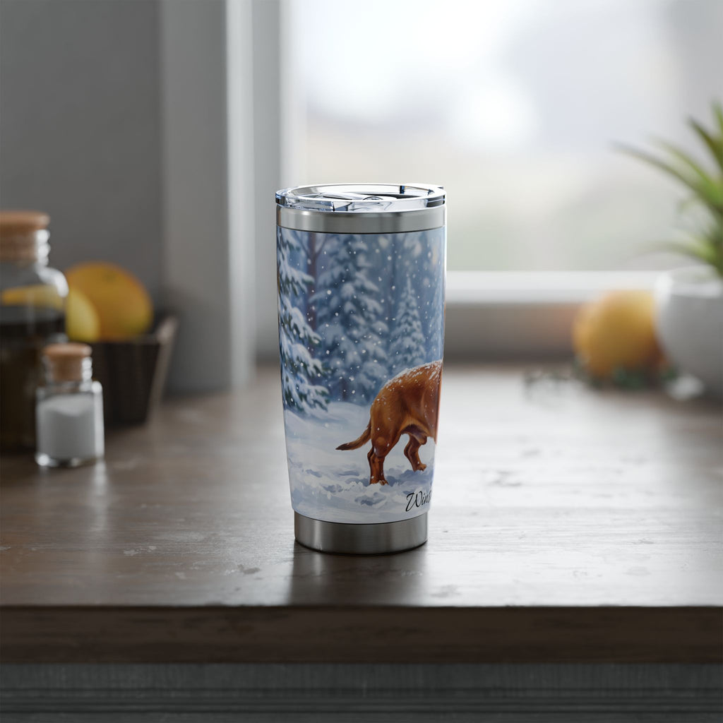 Dachshund Winter Portrait Stainless Tumbler — 20oz Personalized Travel Mug with Snowy Forest Design