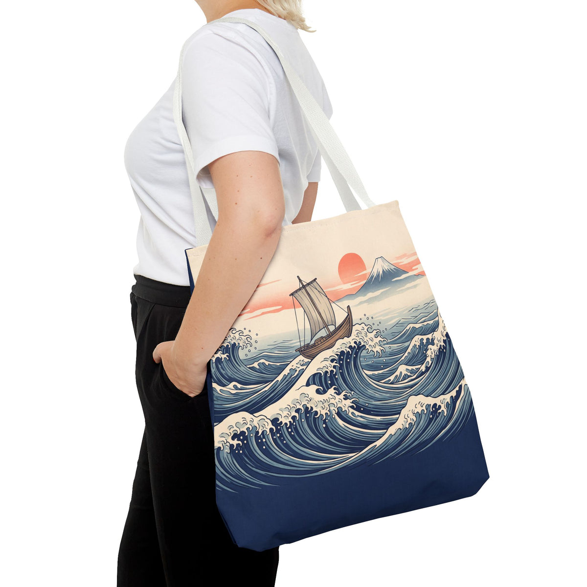 Japanese Wave Sailboat Tote Bag – Woodblock Style Ocean Beach Bag