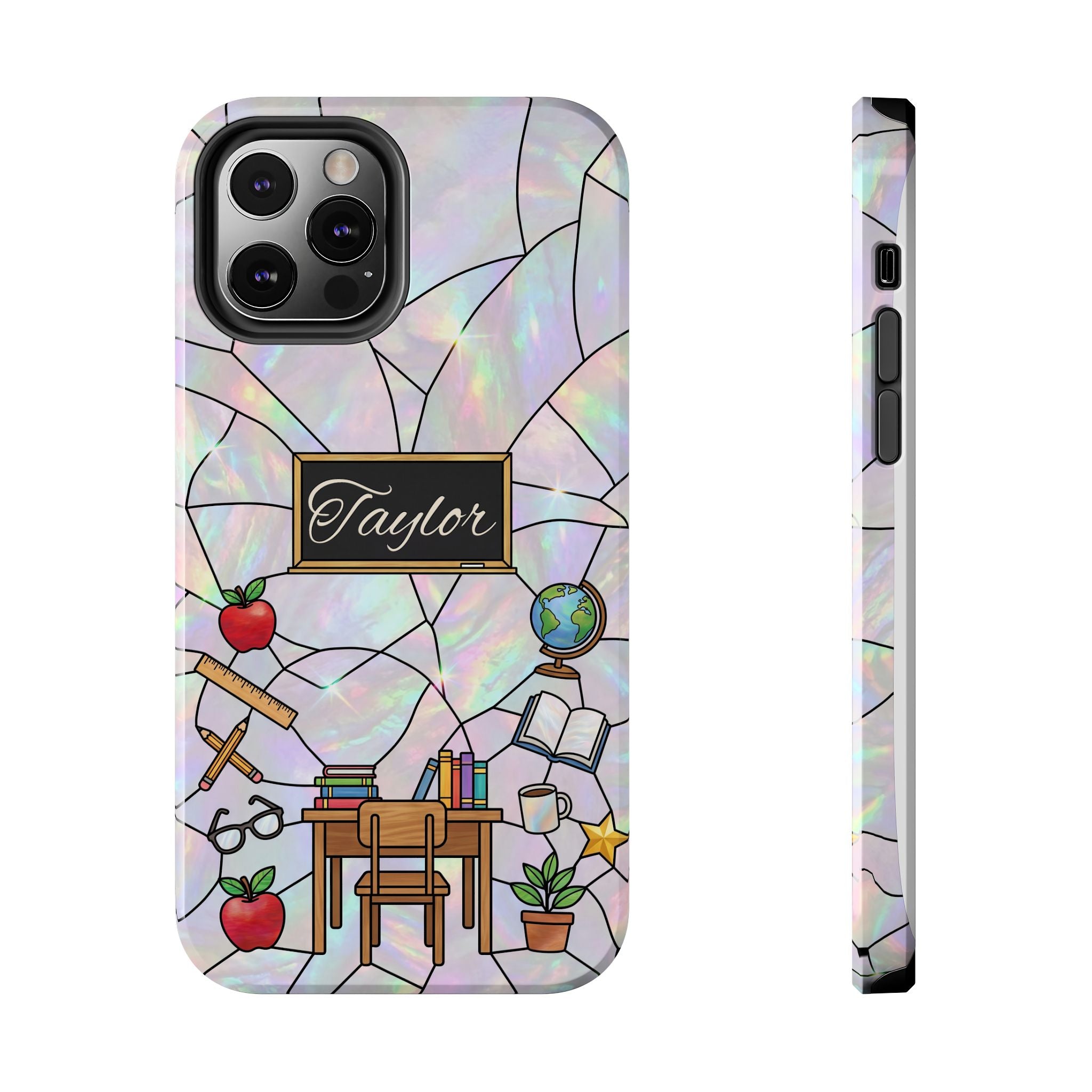Personalized Teacher Phone Case — Custom Name Stained Glass Classroom Design