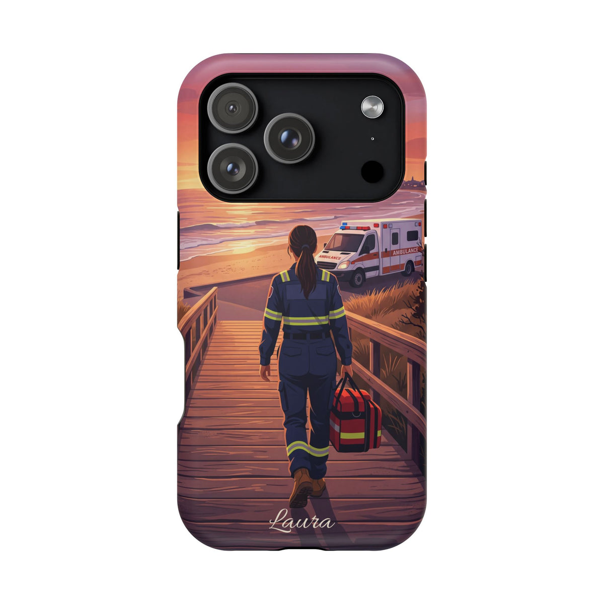 Sunset Boardwalk Personalized Paramedic Phone Case — Wireless Charging Cover