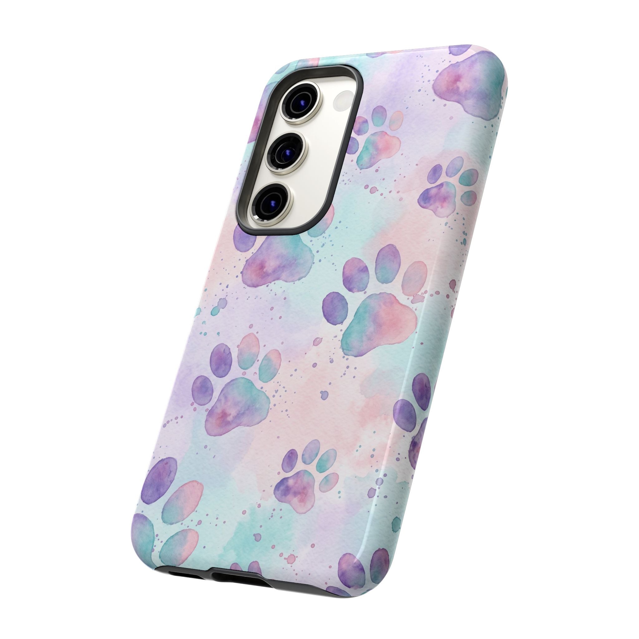 Watercolor Paw Print Phone Case | Pastel Purple, Teal & Pink Artistic Pattern | Samsung & iPhone