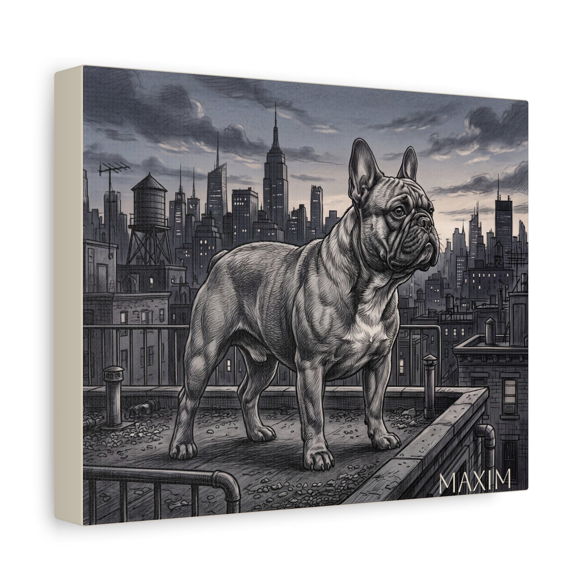 French Bulldog City Rooftop Sketch Personalized Canvas | Urban Skyline Wall Art
