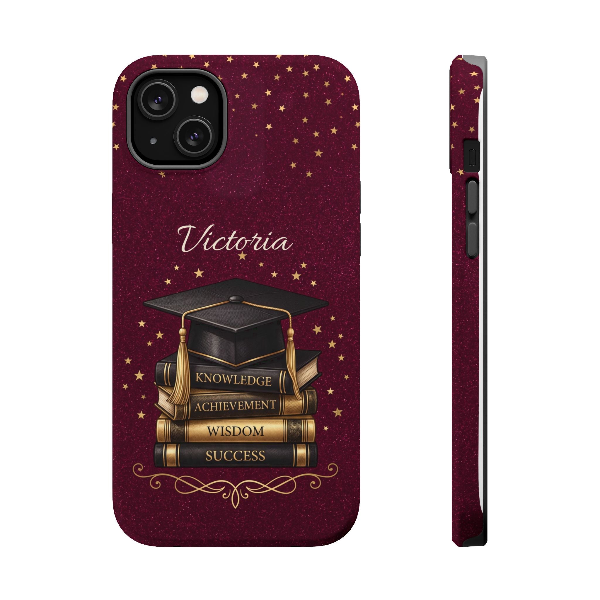 Graduation Cap & Books Personalized Teacher Phone Case — Wireless Charging Cover