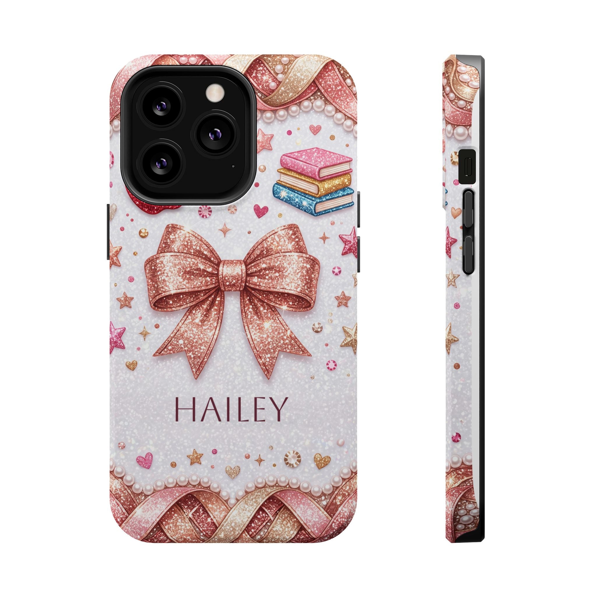 Rose Gold Glitter Bow Personalized Teacher Phone Case — Wireless Charging Cover