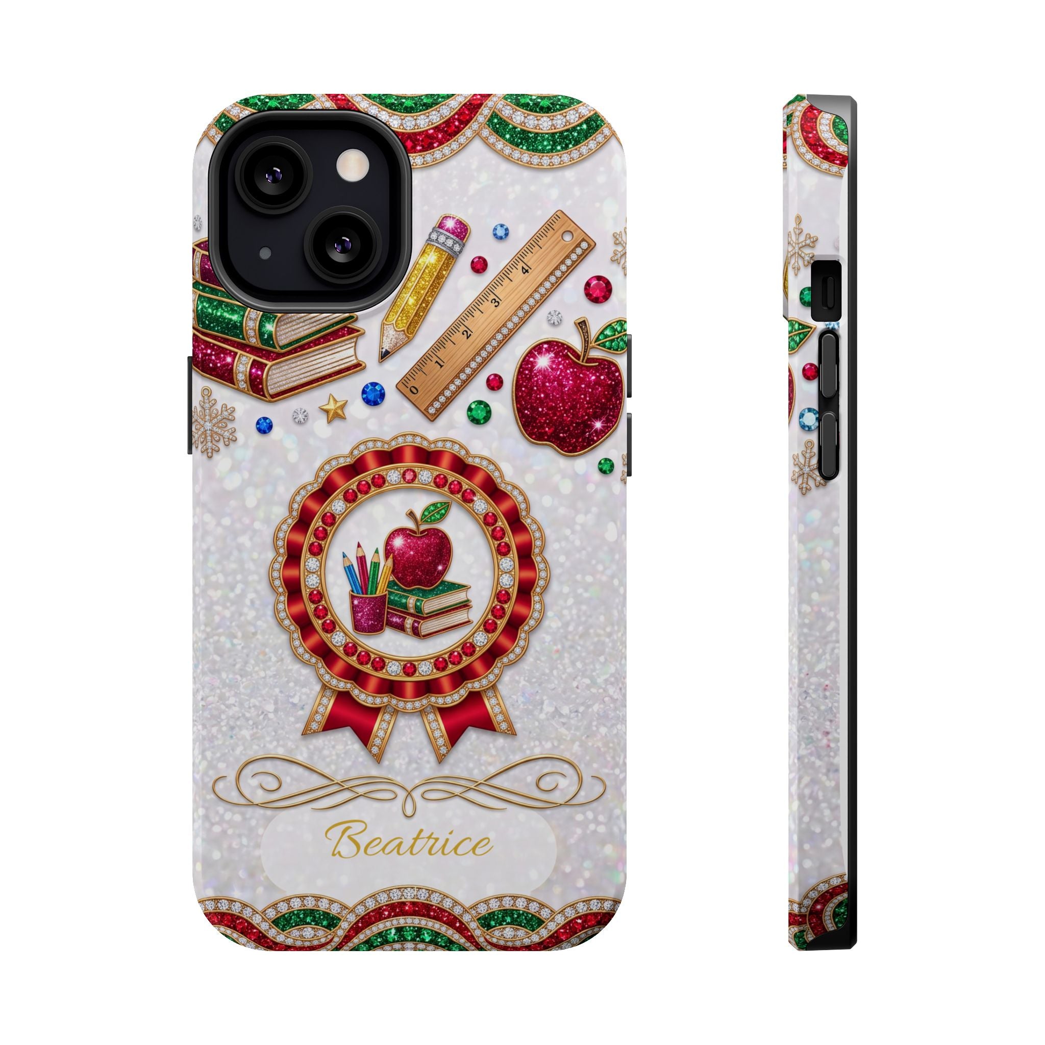 Jeweled Apple Medallion Personalized Teacher Phone Case — Wireless Charging Cover