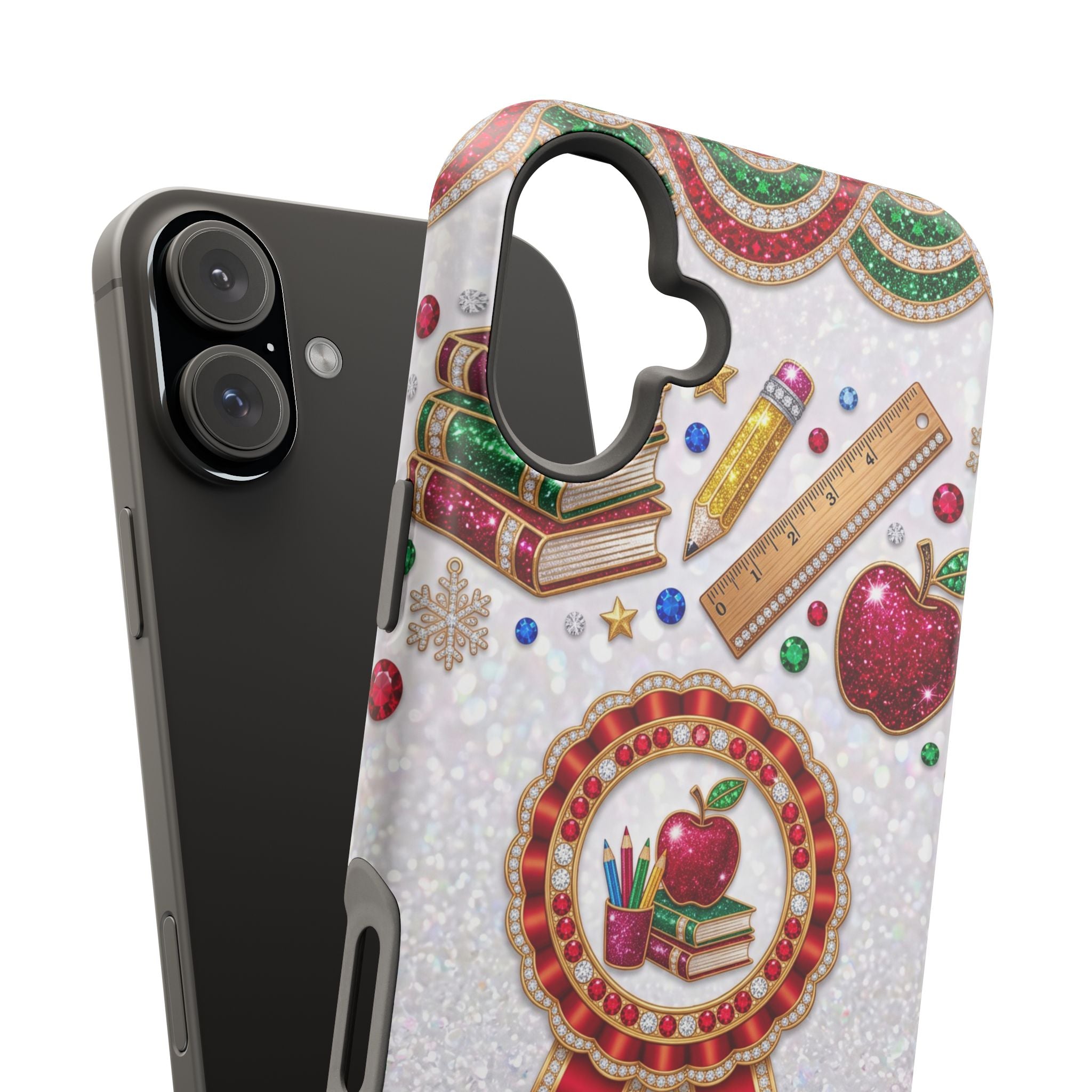 Jeweled Apple Medallion Personalized Teacher Phone Case — Wireless Charging Cover
