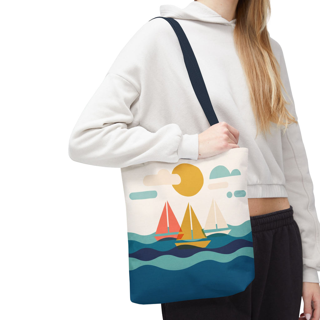 Minimalist Sailboat Tote Bag – Mid-Century Modern Ocean Waves Beach Bag
