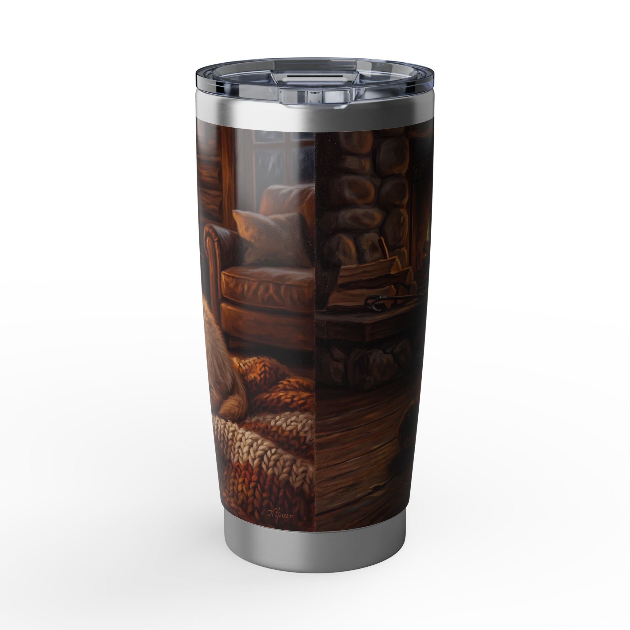Golden Retriever Puppy Tumbler Personalized – 20 oz Stainless Steel Travel Mug with Custom Name, Cozy Cabin Design