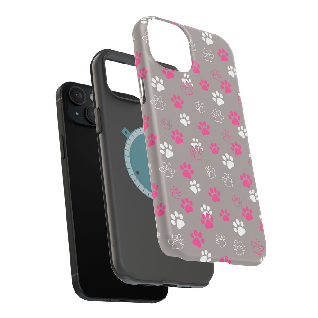Pink & White Paw Print Phone Case — Impact-Resistant Wireless Charging Cover