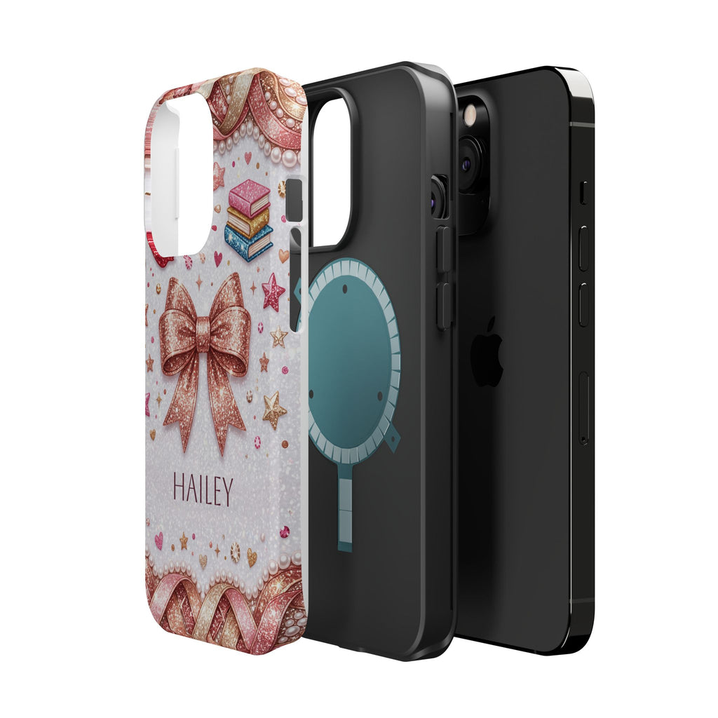 Rose Gold Glitter Bow Personalized Teacher Phone Case — Wireless Charging Cover