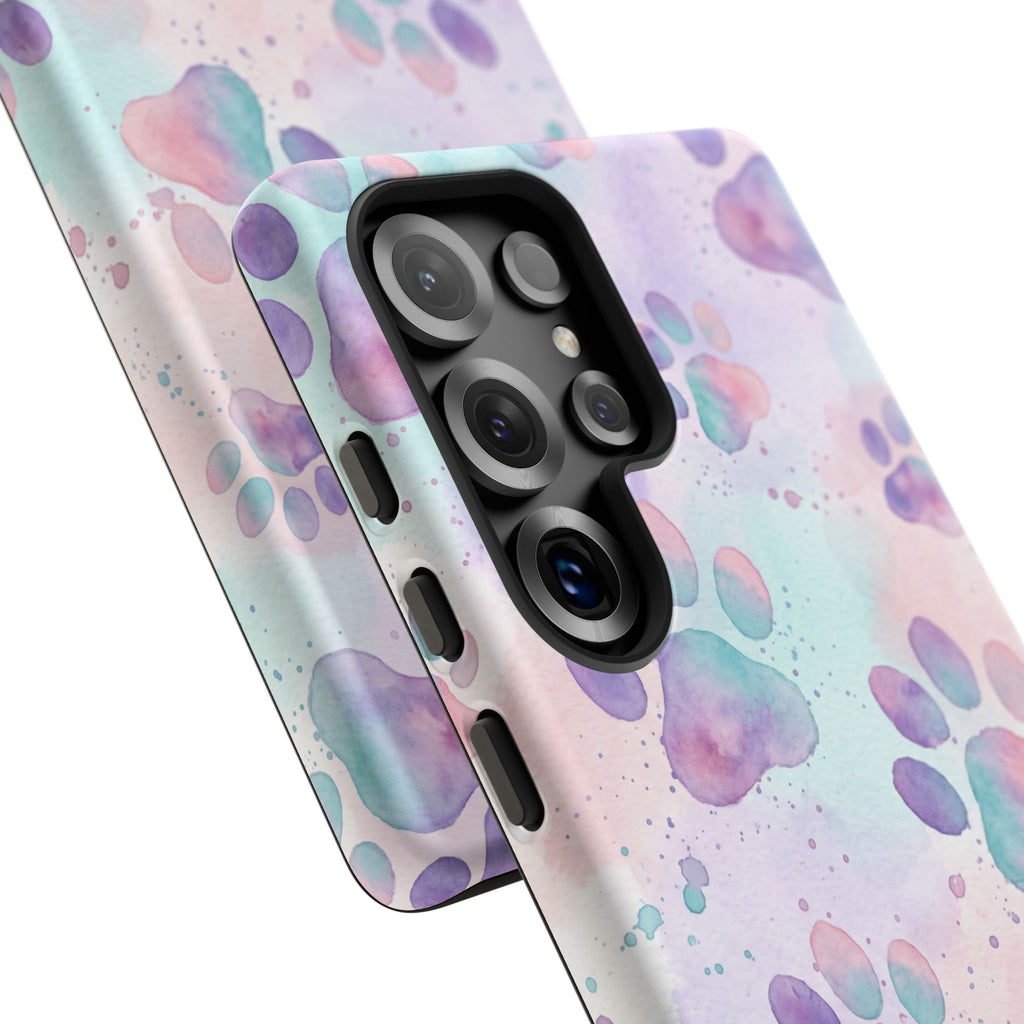 Watercolor Paw Print Phone Case | Pastel Purple, Teal & Pink Artistic Pattern | Samsung & iPhone