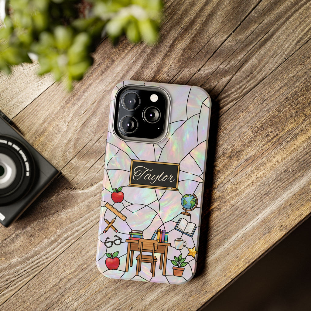 Personalized Teacher Phone Case — Custom Name Stained Glass Classroom Design