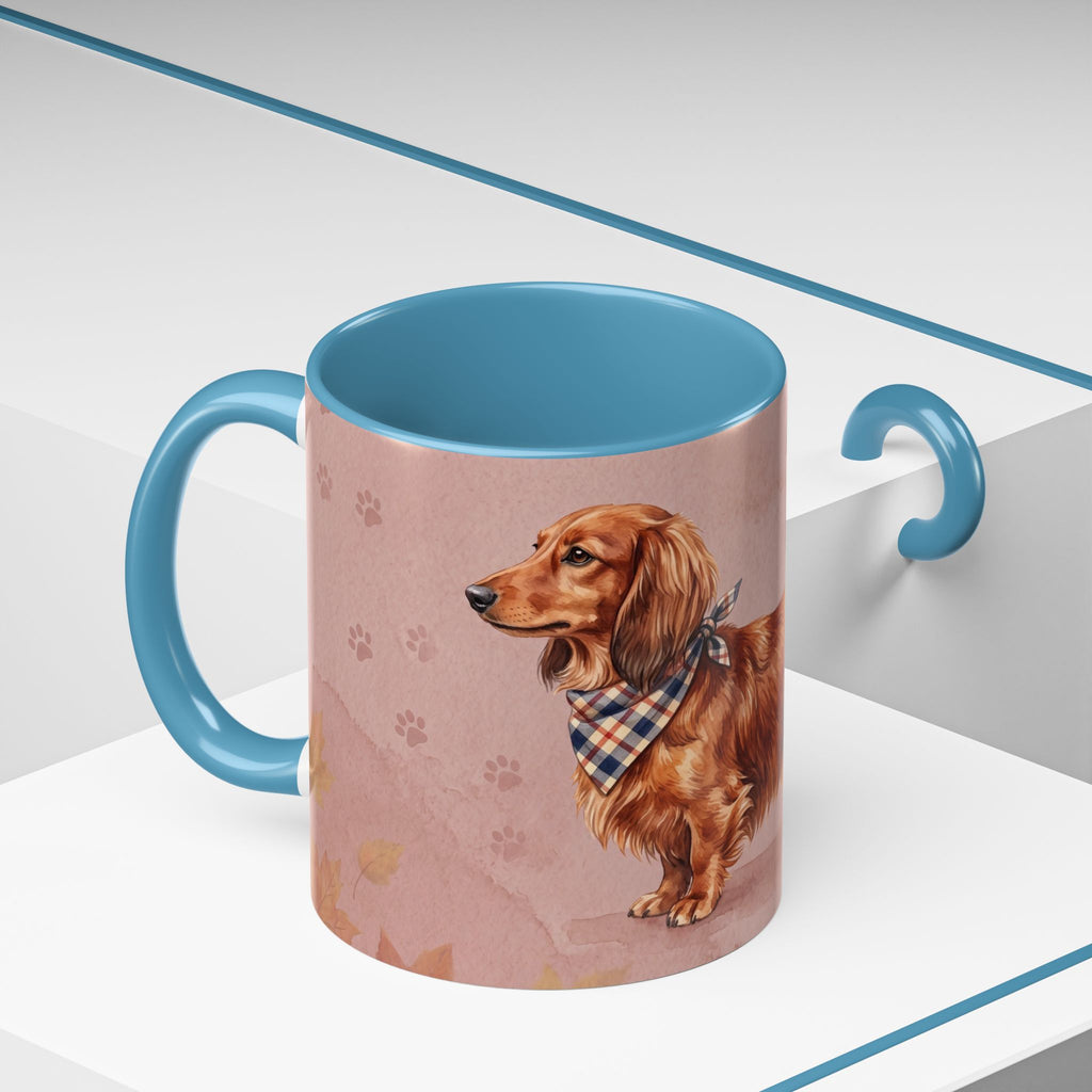 Dachshund Lover Mug | Long-Haired Wiener Dog with Plaid Bandana, Dusty Rose Watercolor Dog Gift