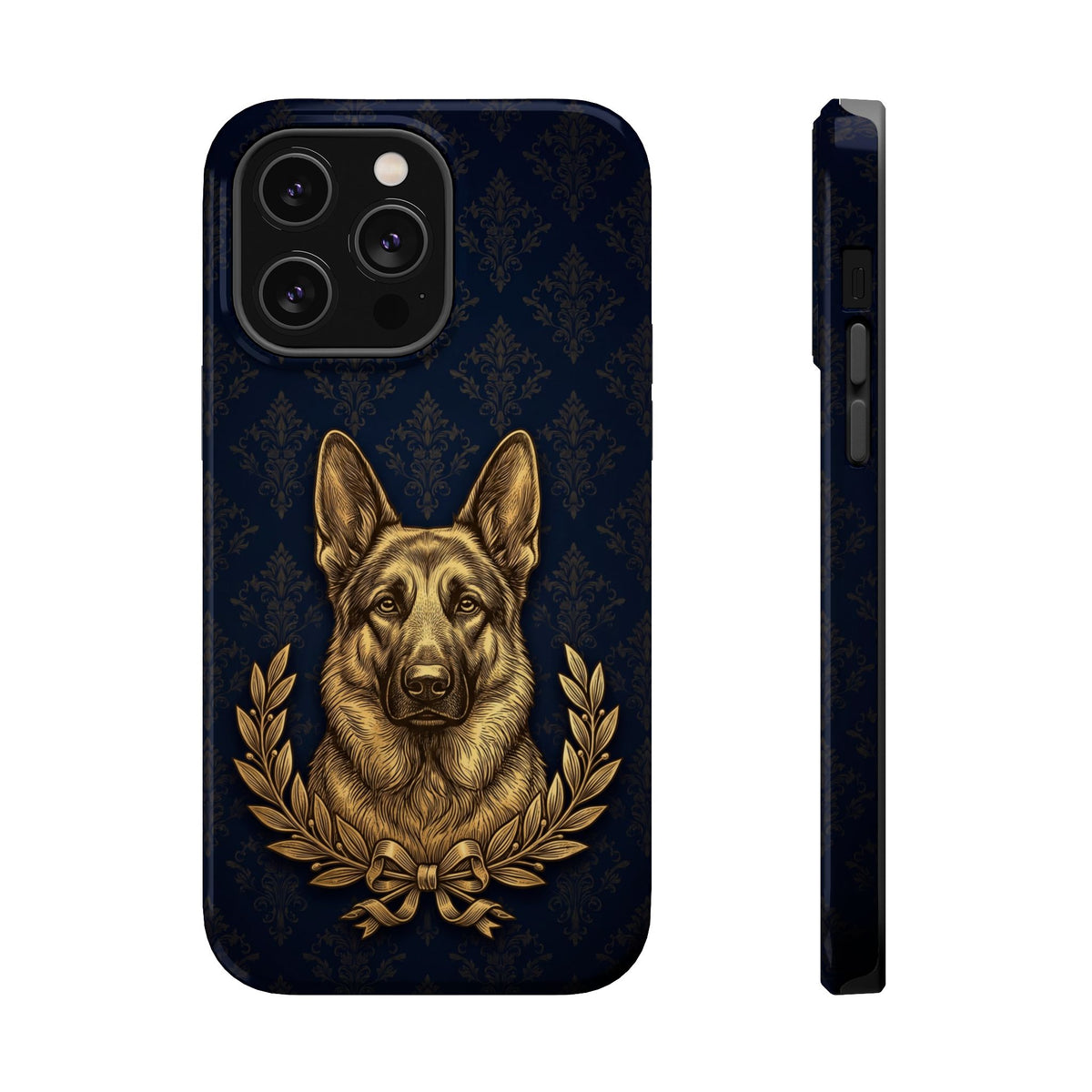 German Shepherd Phone Case | Navy Gold Laurel Art — Tough Magnetic Case with Wireless Charging