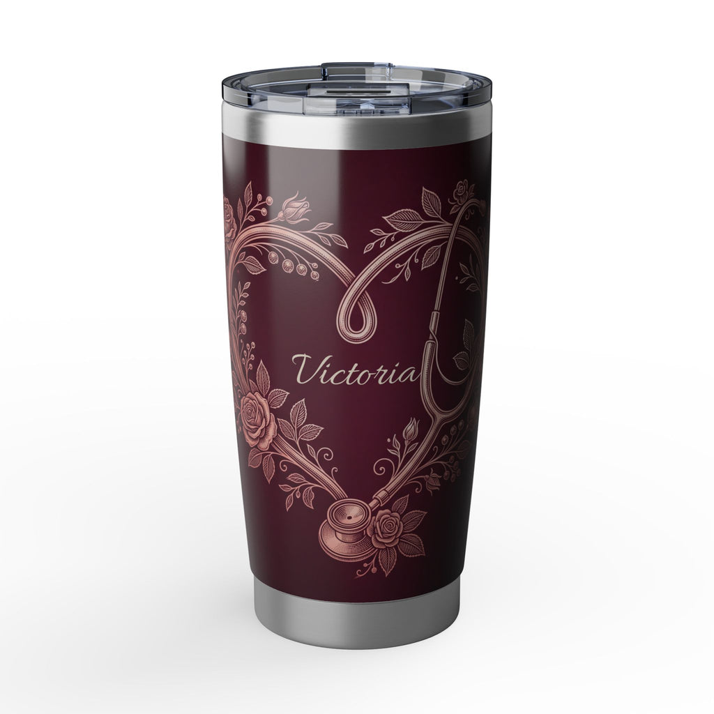 Personalized Stethoscope Heart Tumbler – Rose Gold Floral Burgundy Design 20 oz