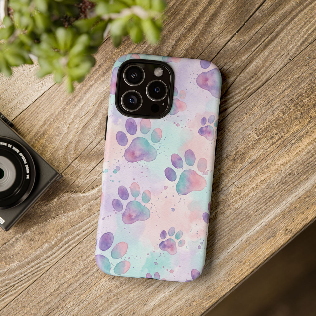 Watercolor Paw Print Phone Case | Pastel Purple, Teal & Pink Artistic Pattern | Samsung & iPhone