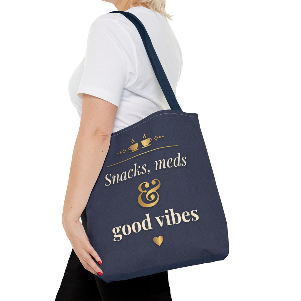 Snacks Meds & Good Vibes Tote | Funny Nurse Gift Tote Bag | Healthcare Worker Humour Gift | Premium Polyester Carry-All