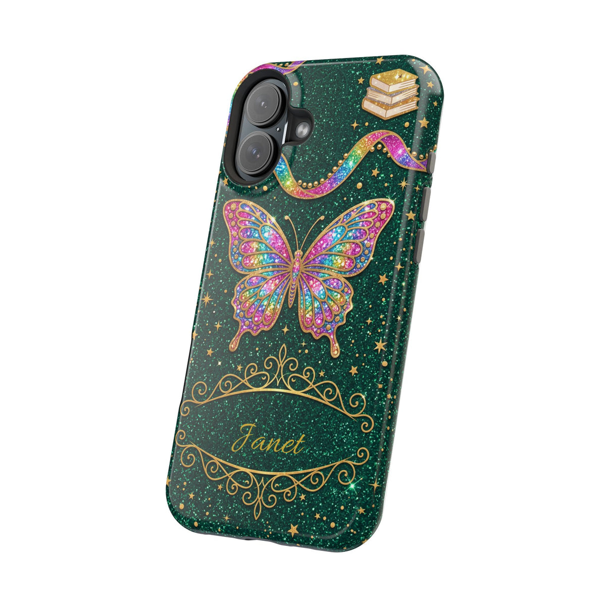 Rainbow Glitter Butterfly Personalized Teacher Phone Case — Wireless Charging Cover