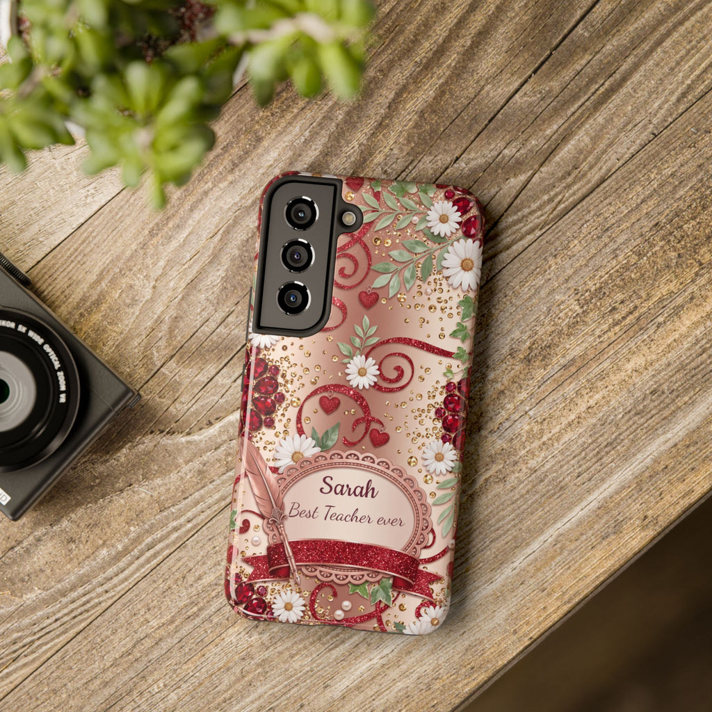 Personalized Teacher Phone Case — Custom Name and Message - Floral Jeweled Design