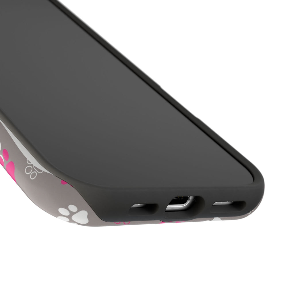 Pink & White Paw Print Phone Case — Impact-Resistant Wireless Charging Cover