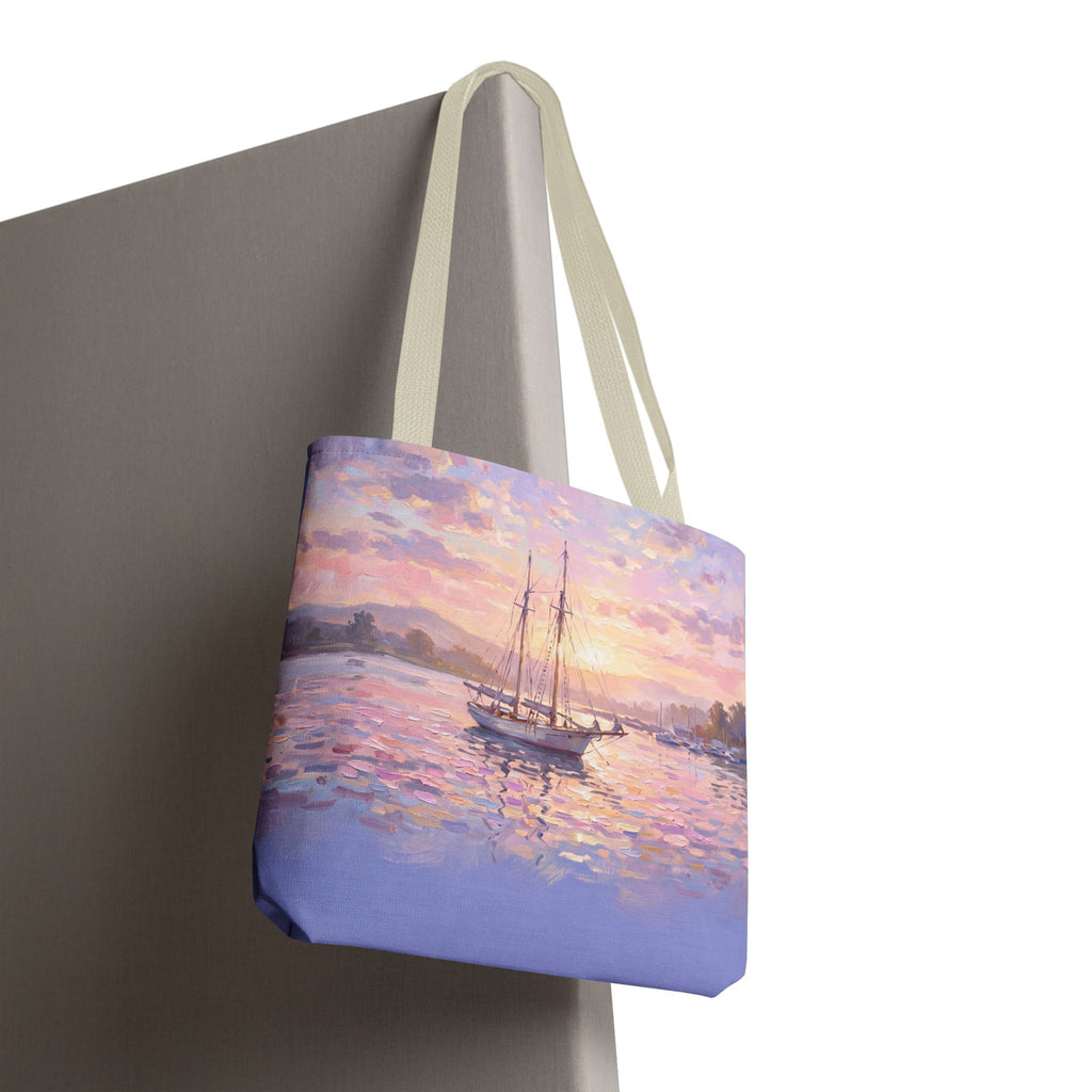 Pastel Sailboat Tote Bag – Impressionist Sunset Harbor Beach Bag