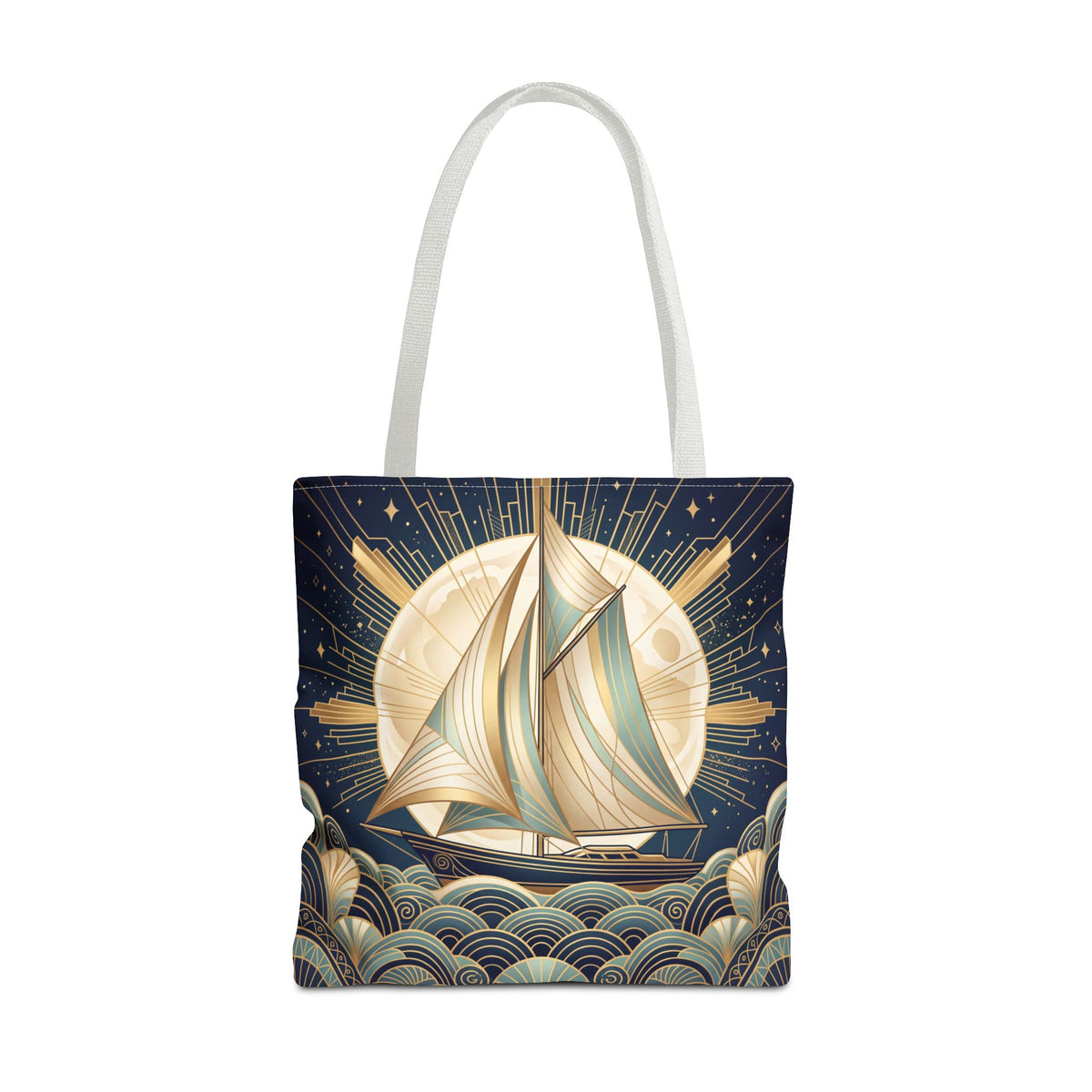 Art Deco Moonlit Sailboat Tote Bag – Starry Night Nautical Beach Bag