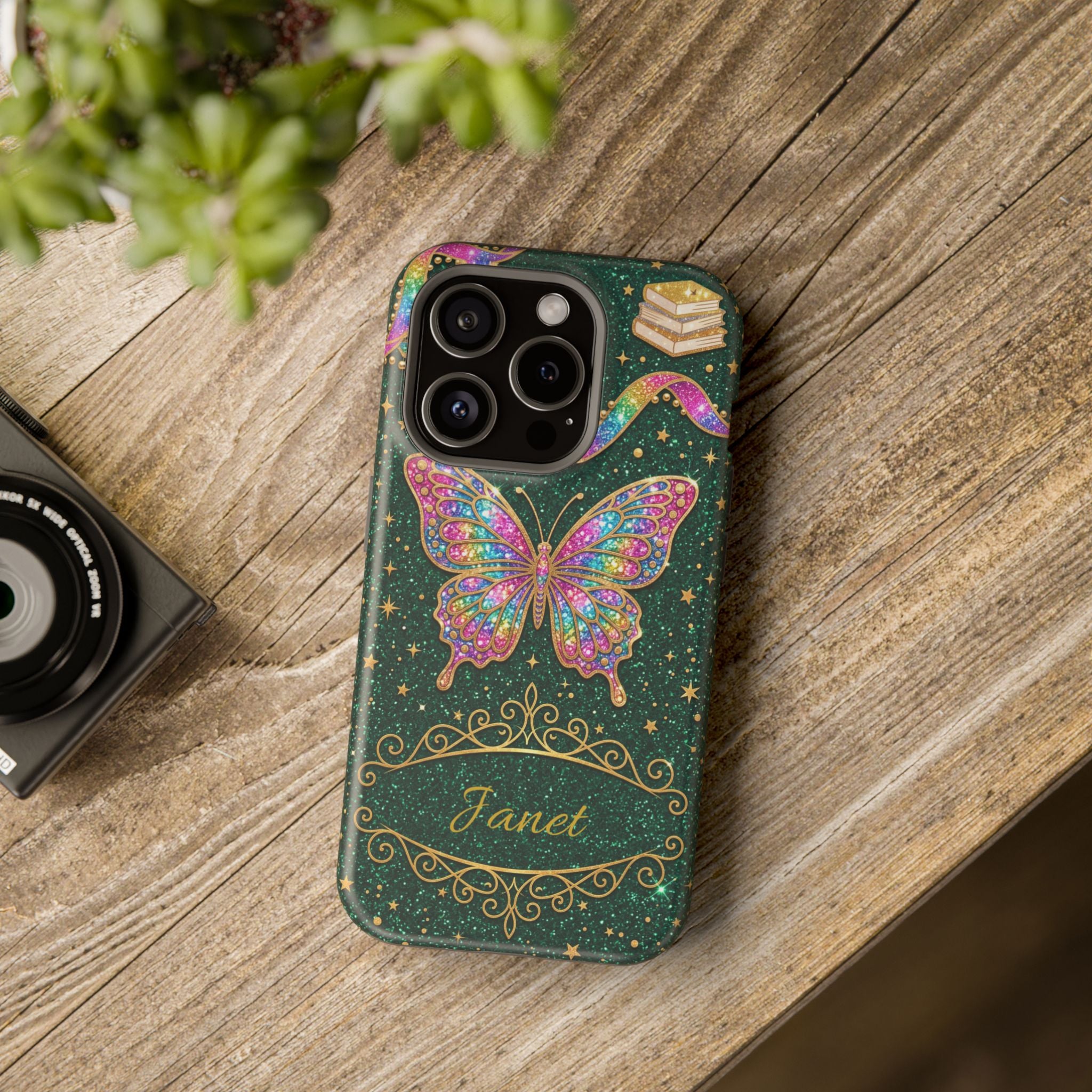 Rainbow Glitter Butterfly Personalized Teacher Phone Case — Wireless Charging Cover