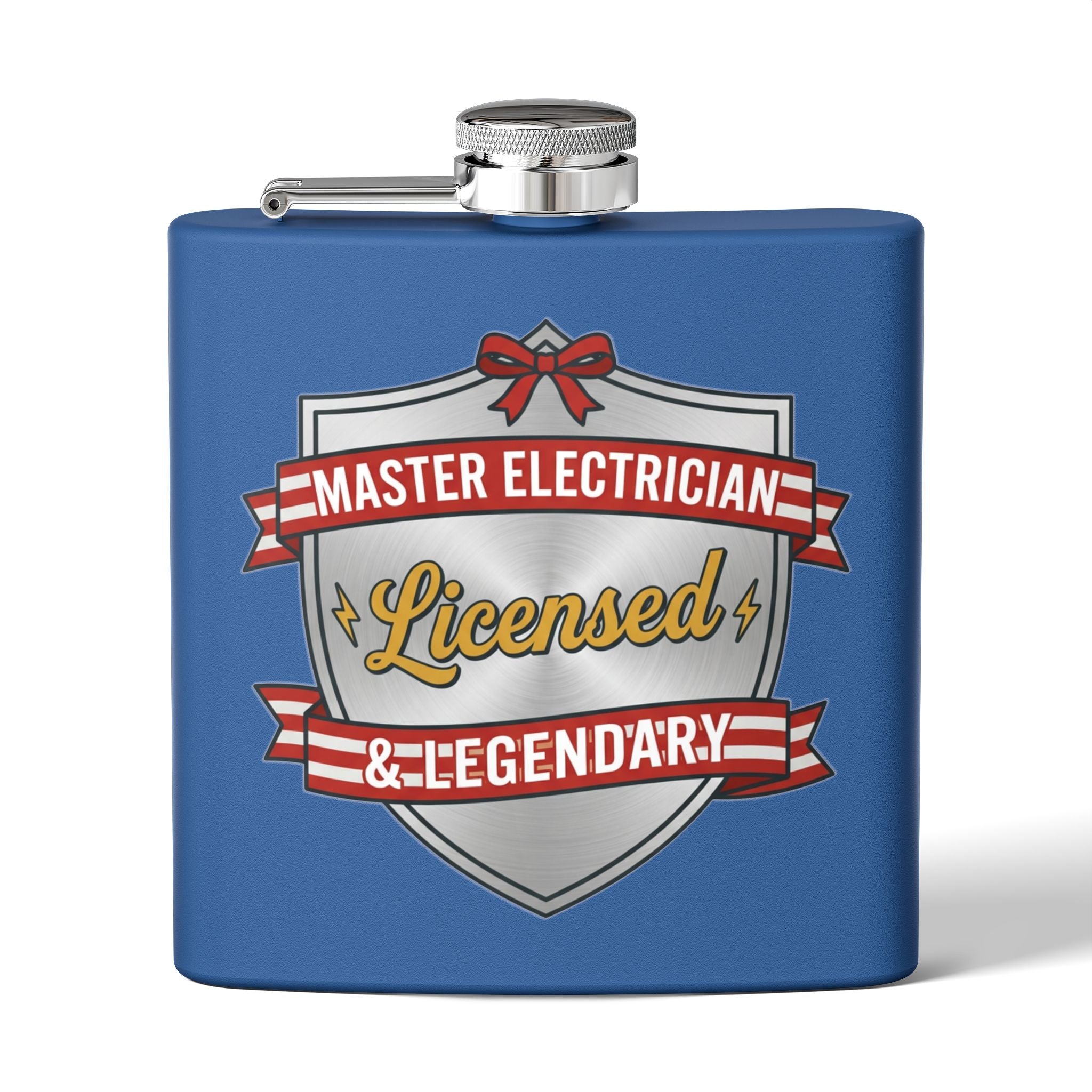 Flask — "Master Electrician: Licensed & Legendary" (Shield Badge) 6oz Stainless Steel Hip Flask