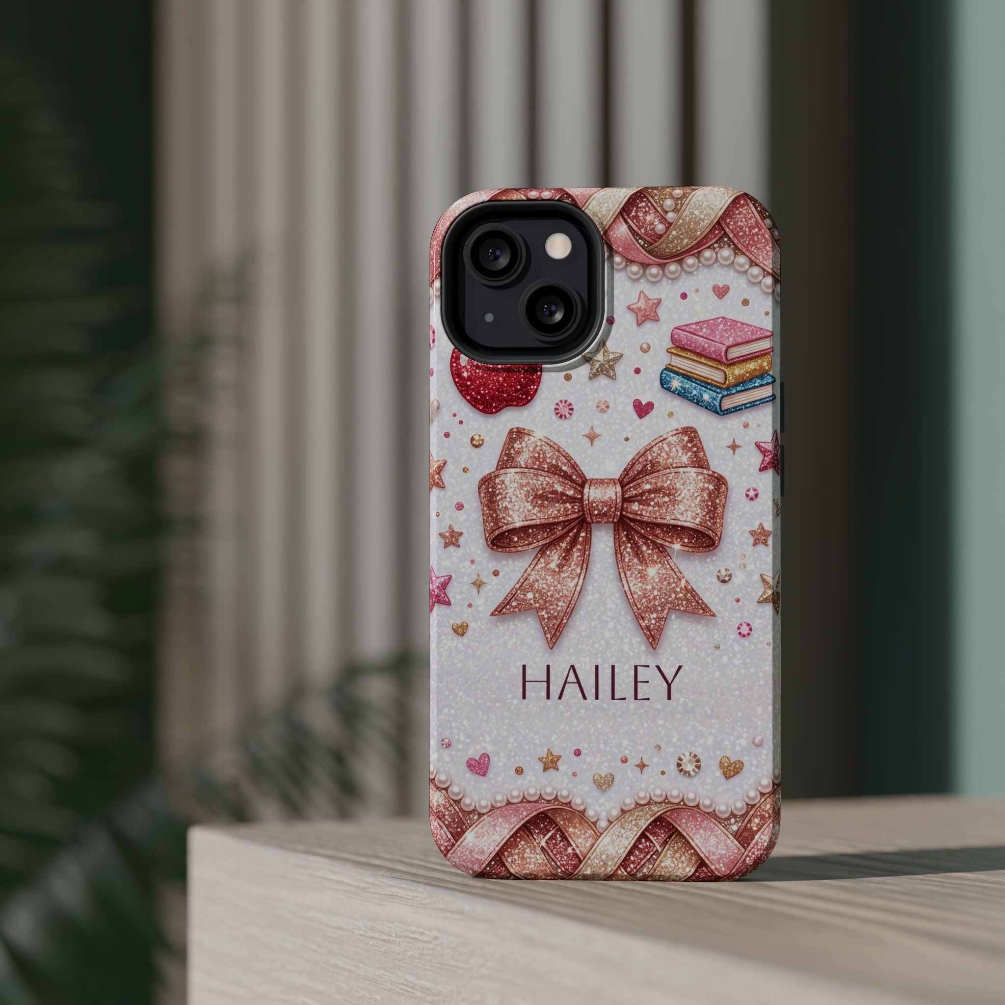 Rose Gold Glitter Bow Personalized Teacher Phone Case — Wireless Charging Cover
