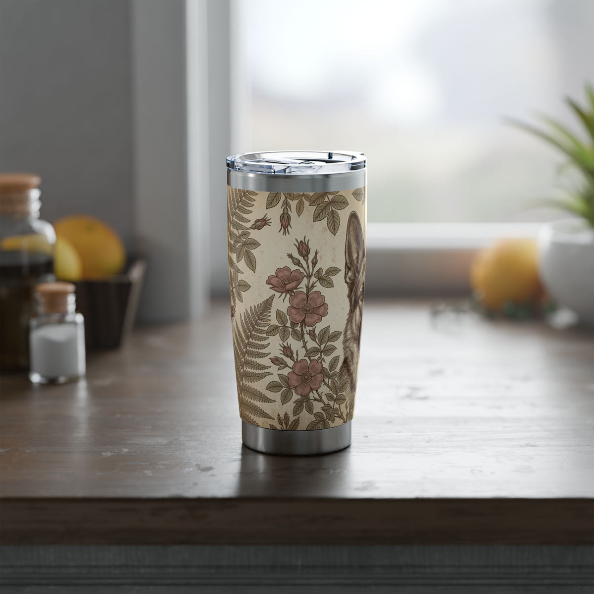 German Shepherd Tumbler | Vintage Botanical Engraving Art — 20 oz Stainless Travel Mug