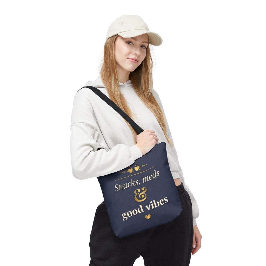 Snacks Meds & Good Vibes Tote | Funny Nurse Gift Tote Bag | Healthcare Worker Humour Gift | Premium Polyester Carry-All