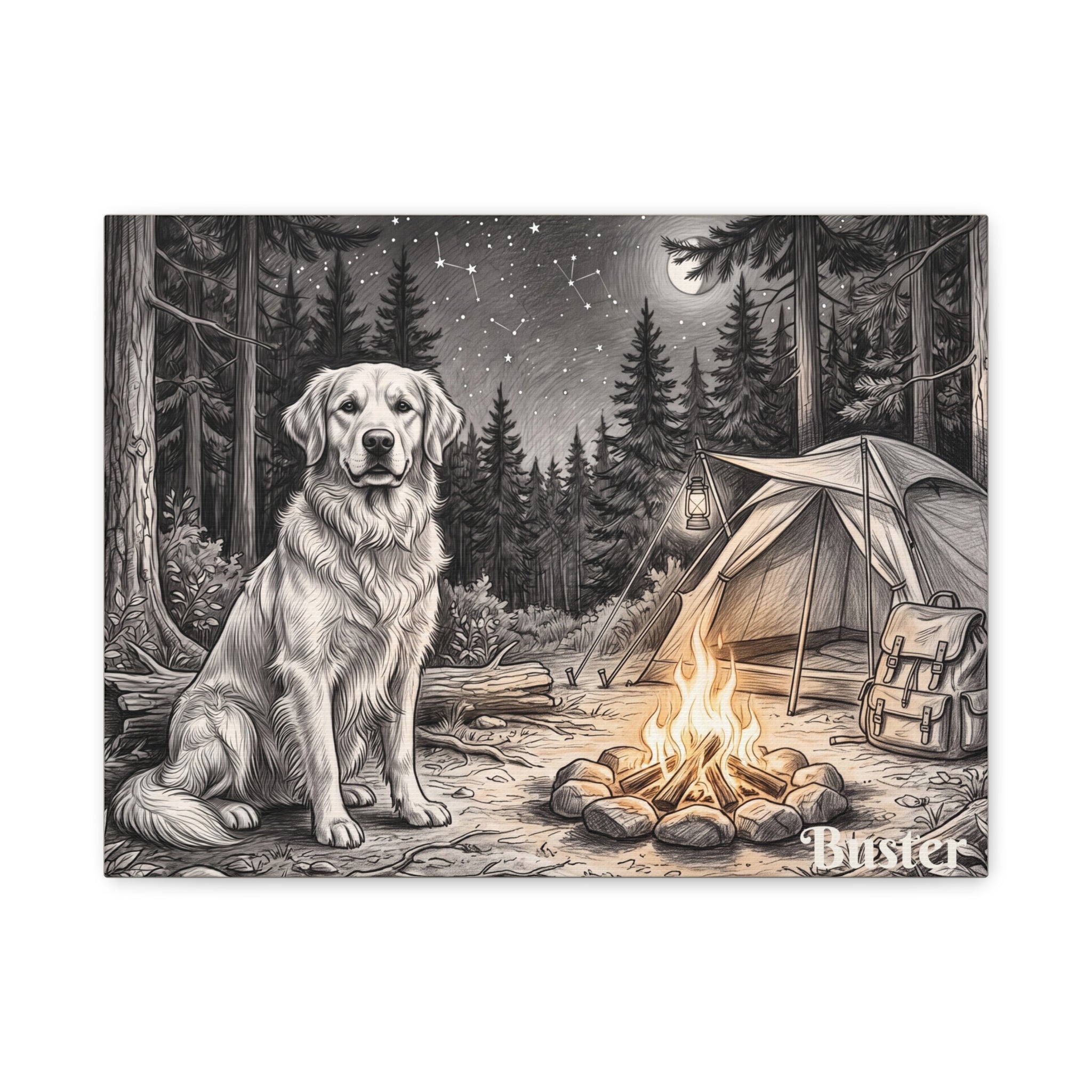 Golden Retriever Campfire Sketch Personalized Canvas | Night Camping Wall Art