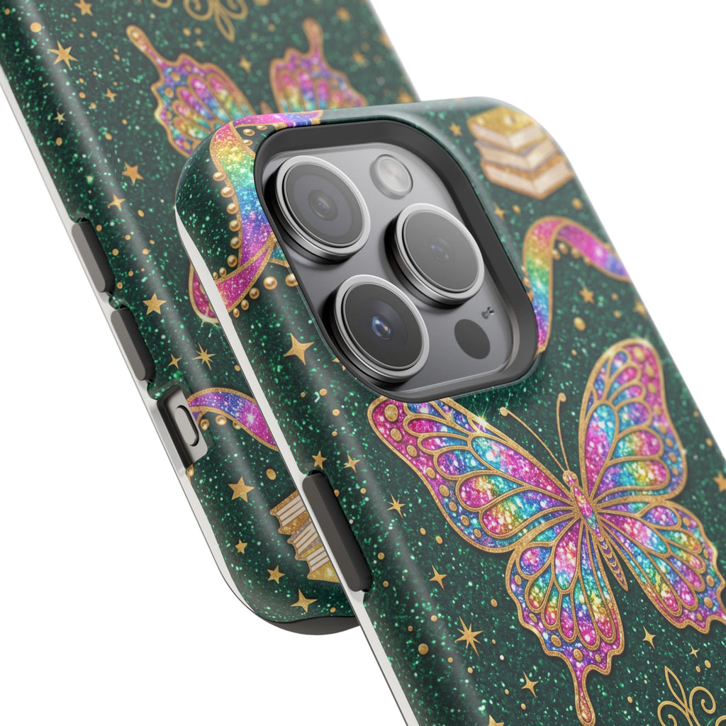 Rainbow Glitter Butterfly Personalized Teacher Phone Case — Wireless Charging Cover