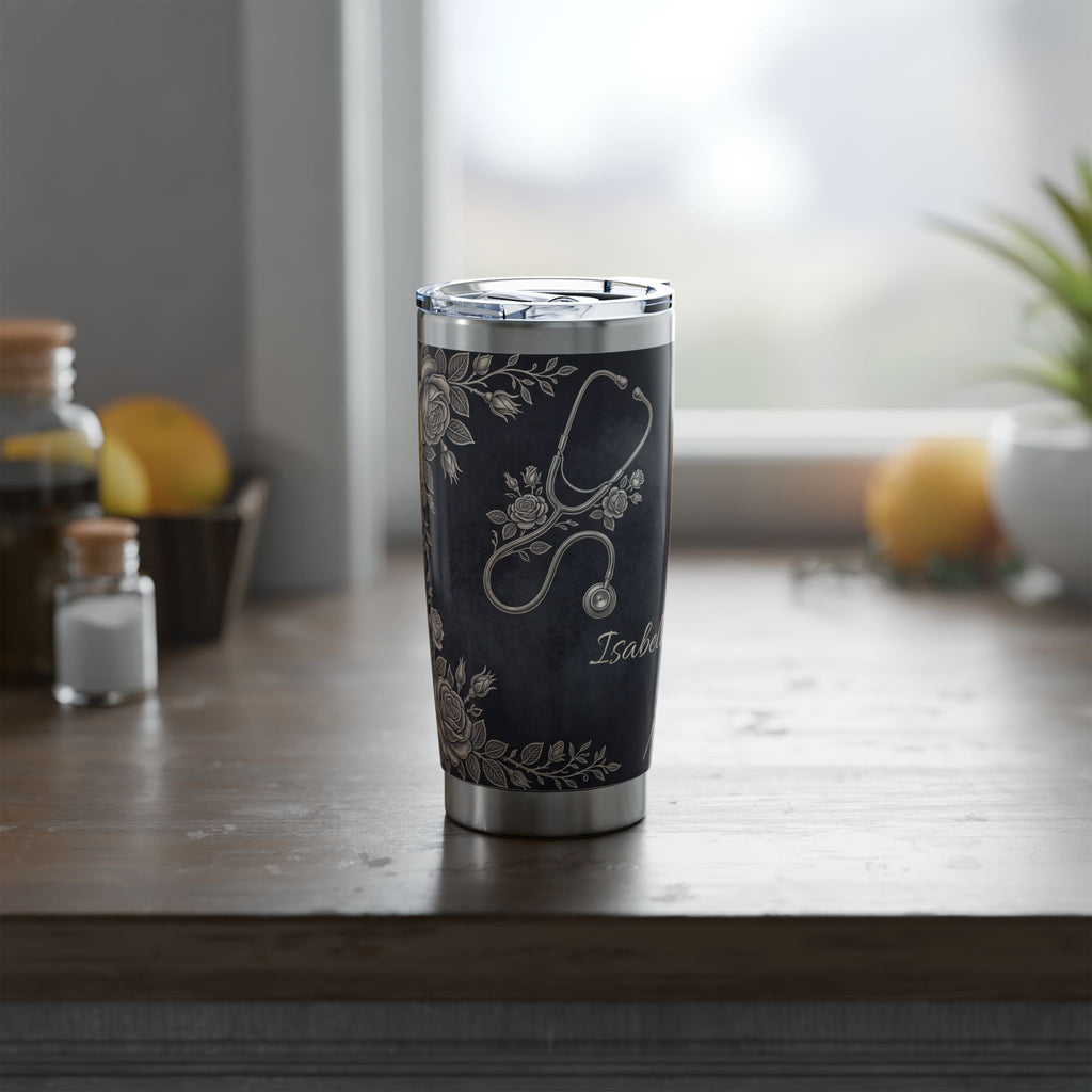 Personalized Stethoscope Tumbler – Custom Name Platinum Floral Design 20 oz