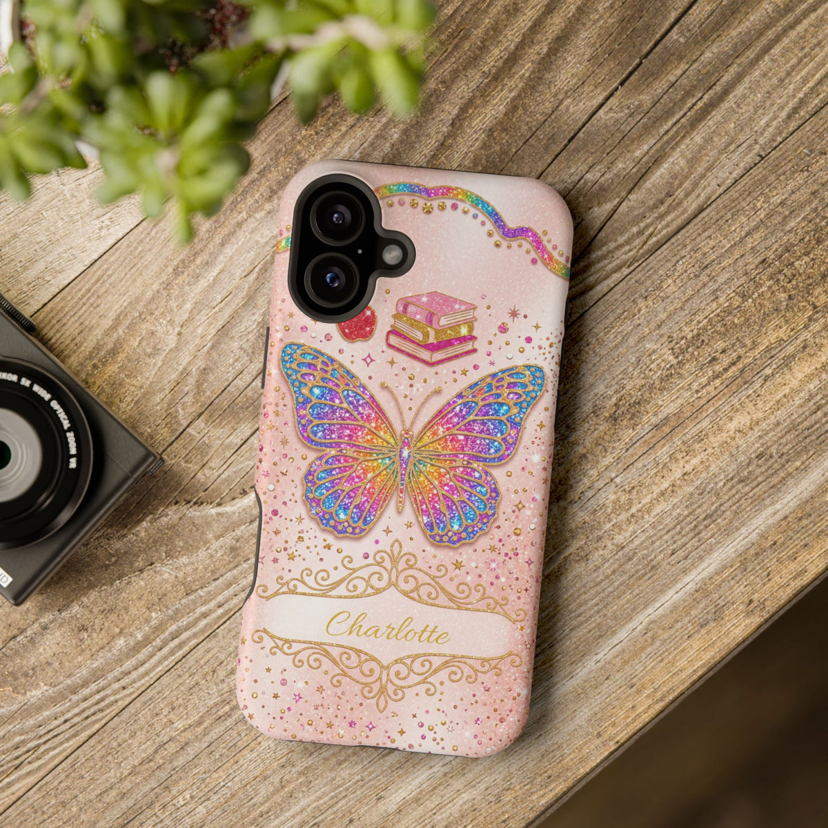 Blush Glitter Butterfly Personalized Teacher Phone Case — Wireless Charging Cover