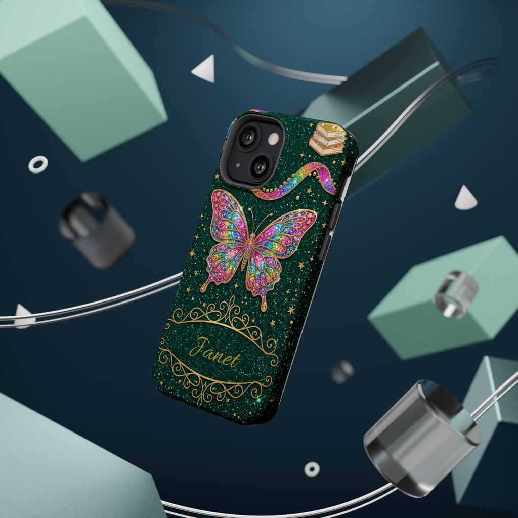 Rainbow Glitter Butterfly Personalized Teacher Phone Case — Wireless Charging Cover