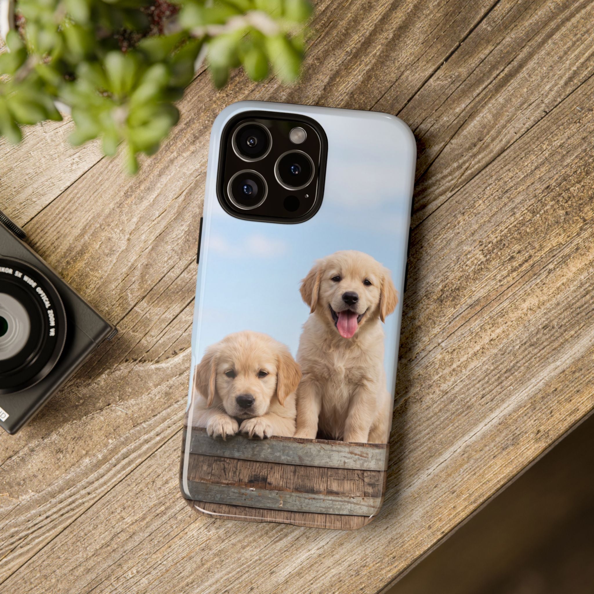 Golden Retriever Puppies on Barrel Phone Case | Cute Duo Under Blue Sky | iPhone & Samsung
