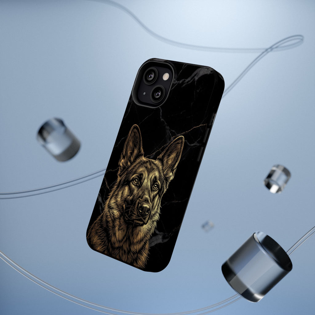 German Shepherd Phone Case | Black Marble Gold Sketch Art — Tough Magnetic Case with Wireless Charging