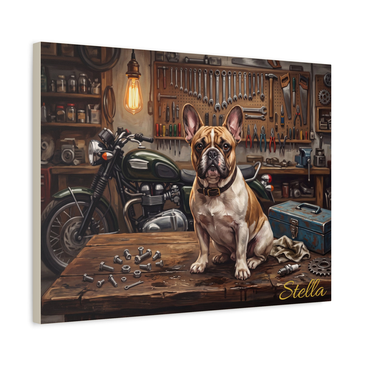 French Bulldog Personalized Canvas | Motorcycle Garage Workshop Wall Art