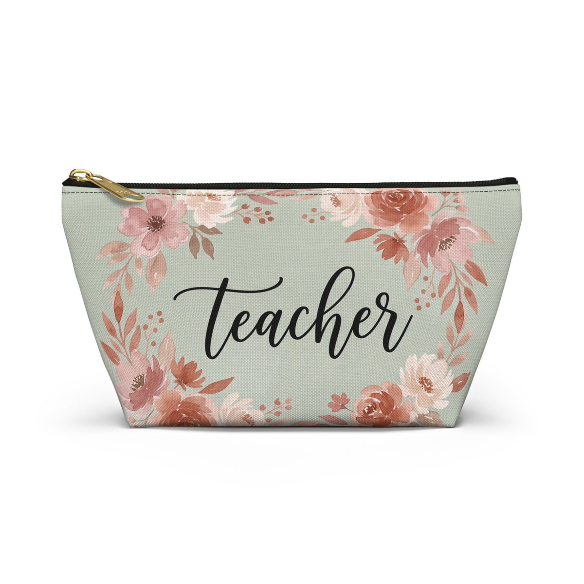 Teacher Floral Watercolor Accessory Pouch — T-Bottom Zipper Bag