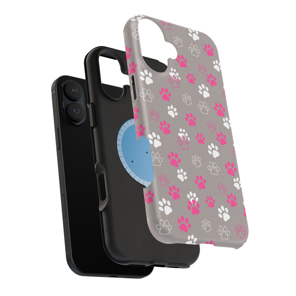 Pink & White Paw Print Phone Case — Impact-Resistant Wireless Charging Cover