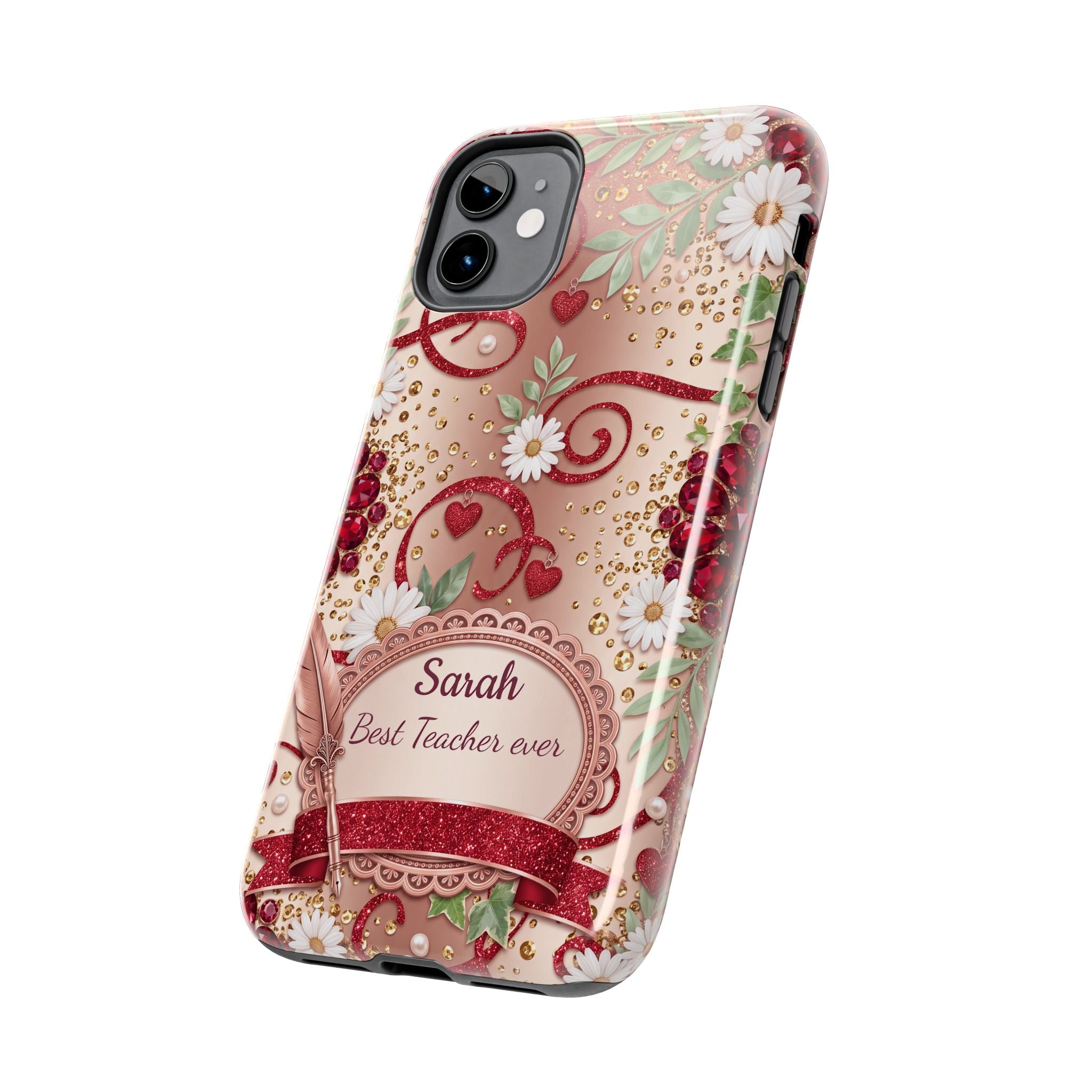 Personalized Teacher Phone Case — Custom Name and Message - Floral Jeweled Design
