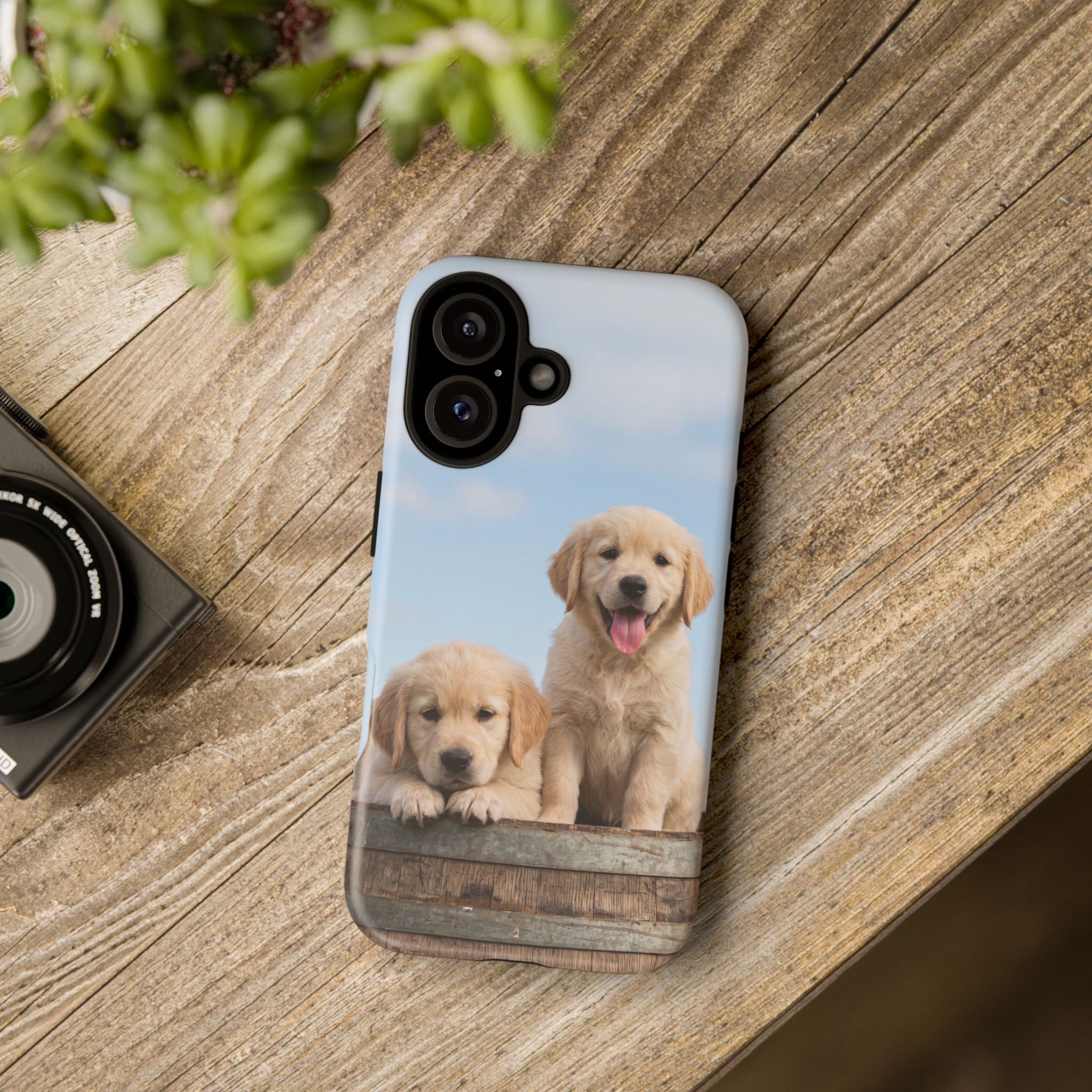 Golden Retriever Puppies on Barrel Phone Case | Cute Duo Under Blue Sky | iPhone & Samsung