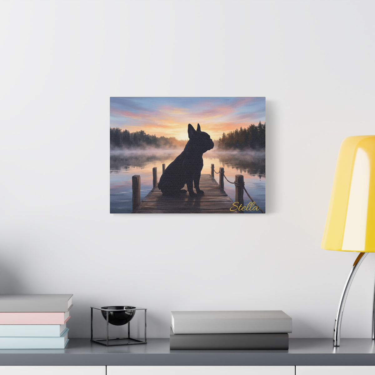French Bulldog Silhouette Personalized Canvas | Misty Lake Sunrise Dock Wall Art