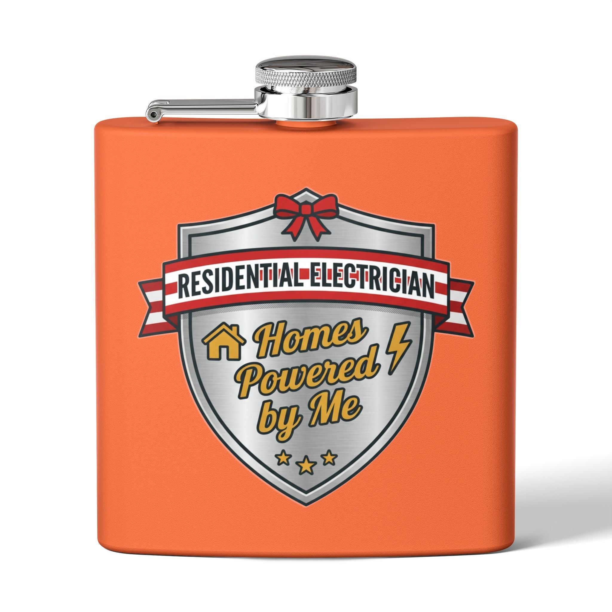 Flask — "Residential Electrician: Homes Powered by Me" (Shield Badge) 6oz Stainless Steel Hip Flask