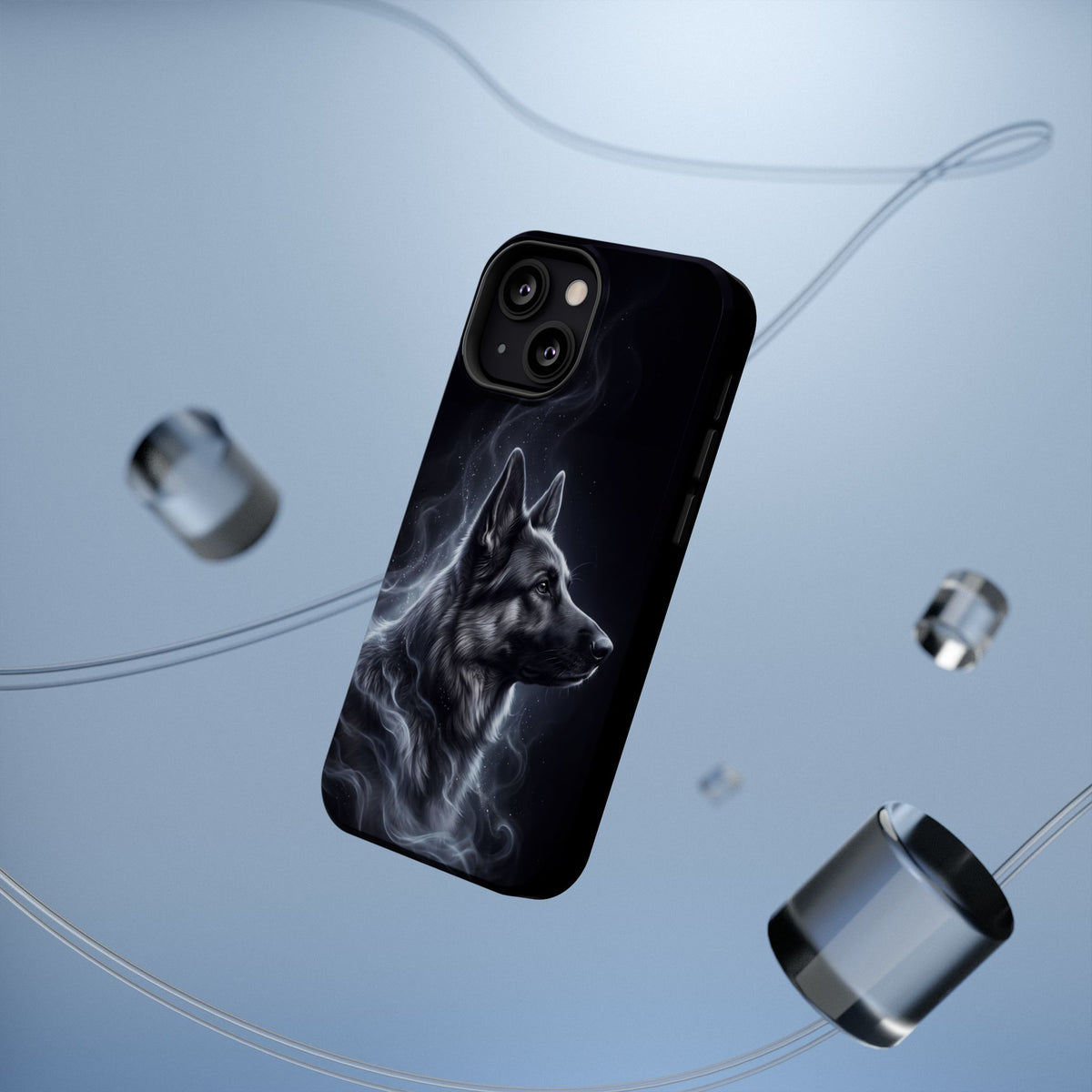German Shepherd Phone Case | Silver Moonlight Mist Art — Tough Magnetic Case with Wireless Charging