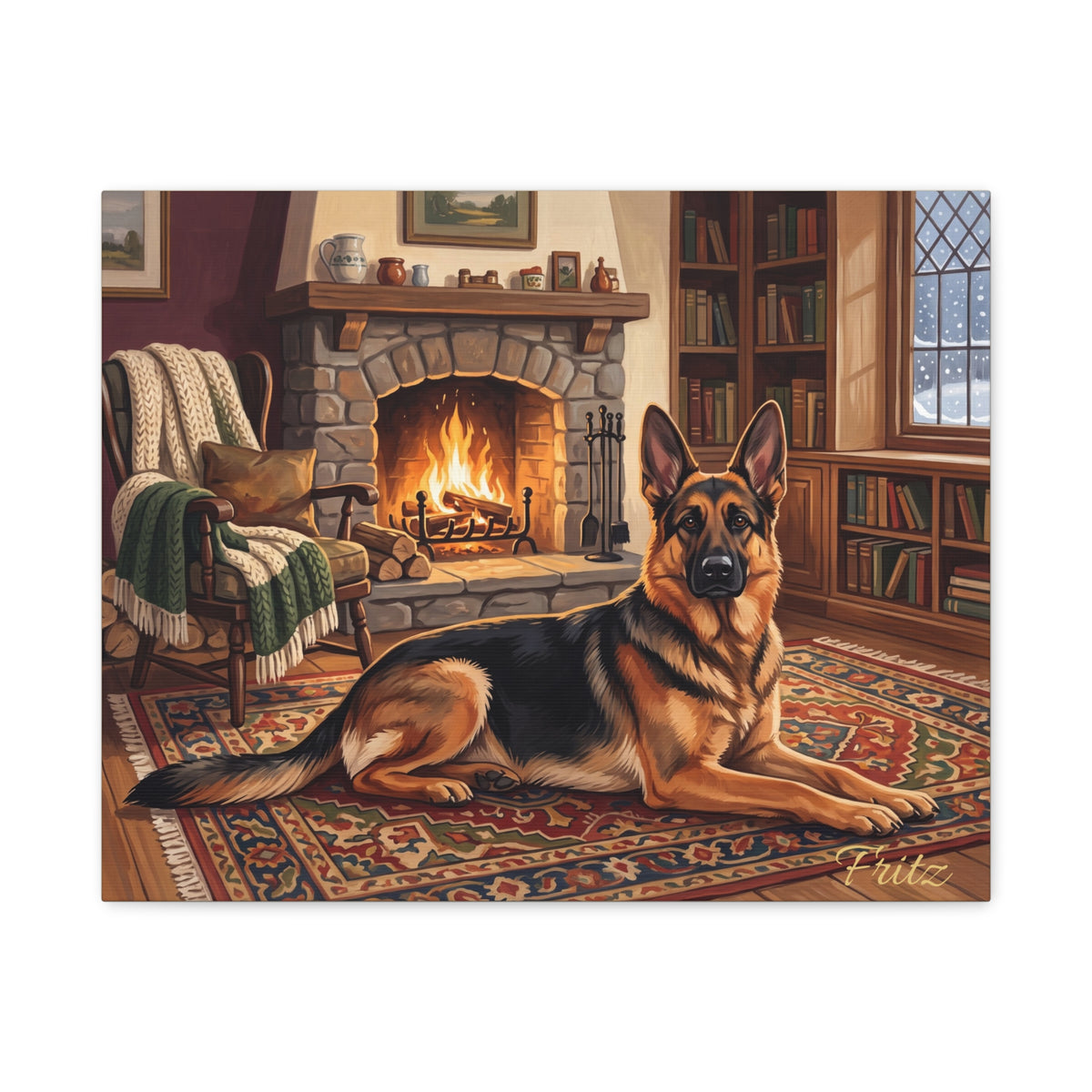 German Shepherd Personalized Canvas | Cozy Fireside Cabin Wall Art