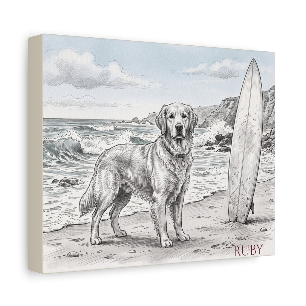 Golden Retriever Beach Sketch Personalized Canvas | Coastal Surf Wall Art