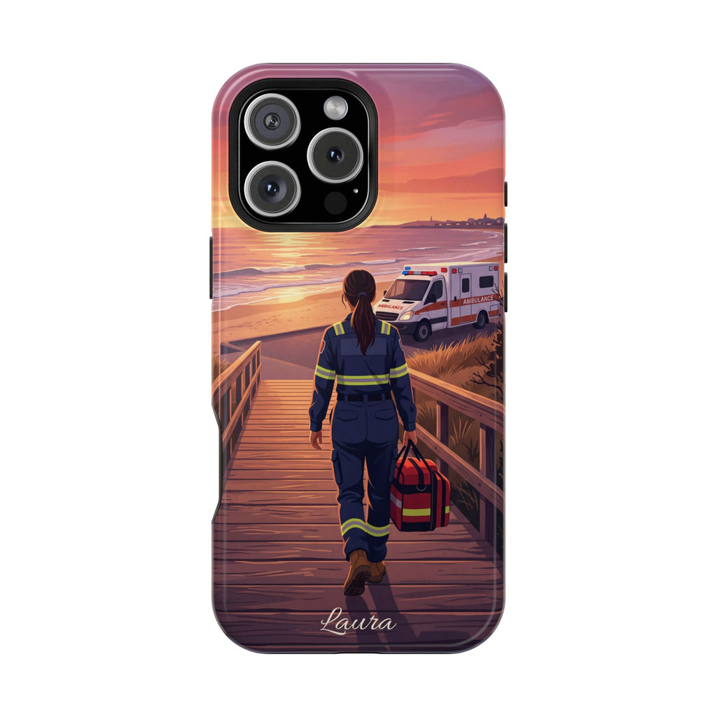 Sunset Boardwalk Personalized Paramedic Phone Case — Wireless Charging Cover